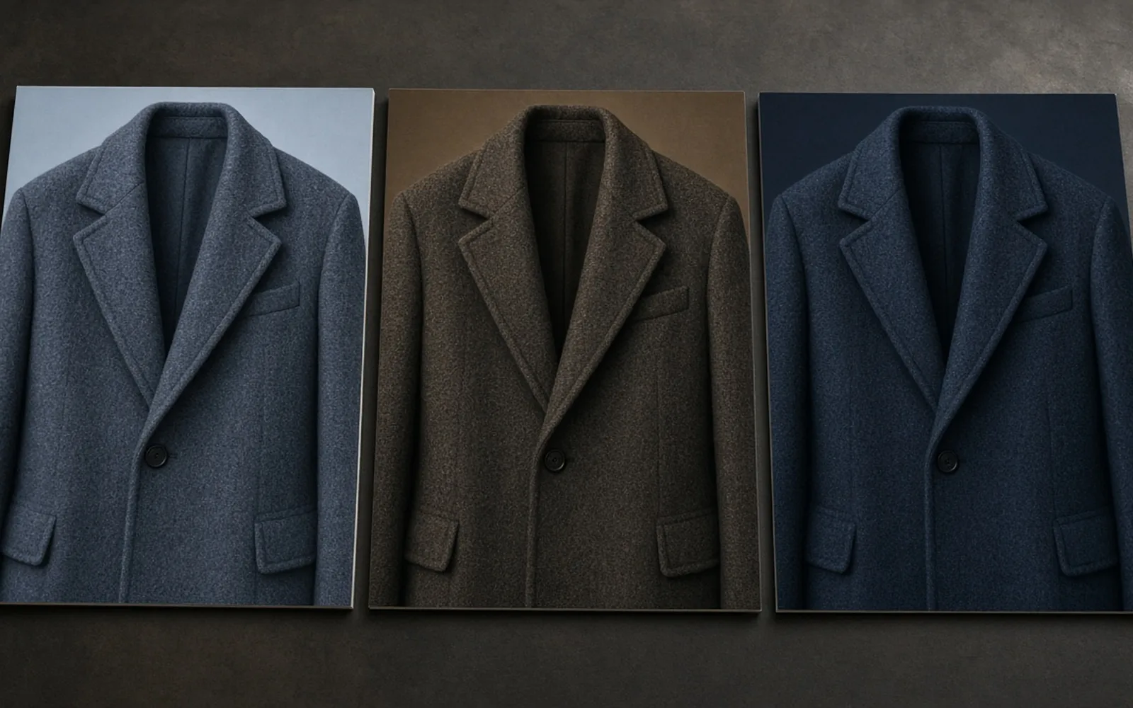 Rack of cinematic coats in front of stacked production still prints