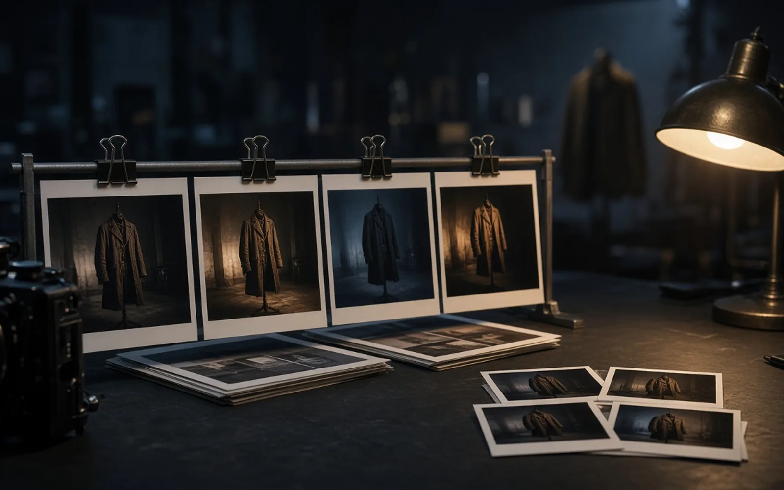 Cinematic coat hung beside marked production prints on a dim grading table