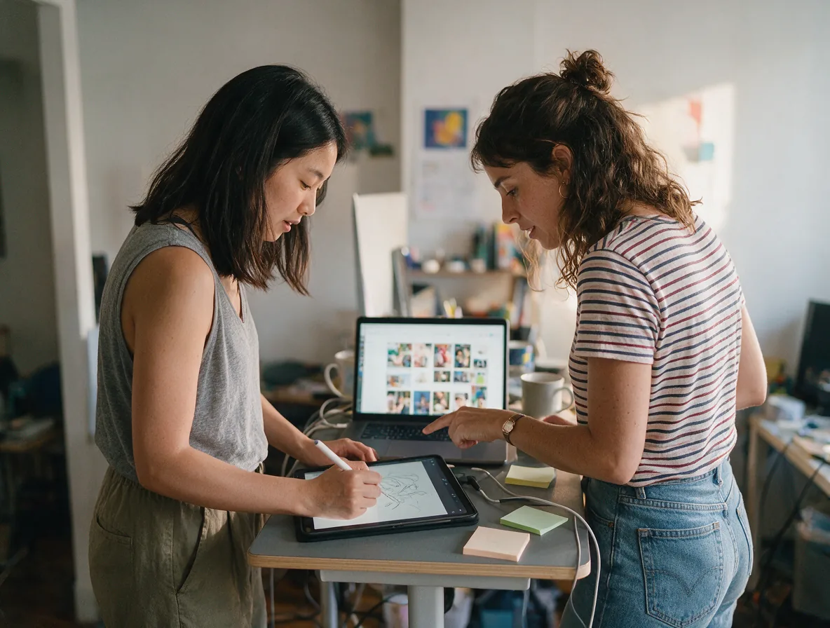 Designer comparing a printed brief with two draft frames pinned side by side