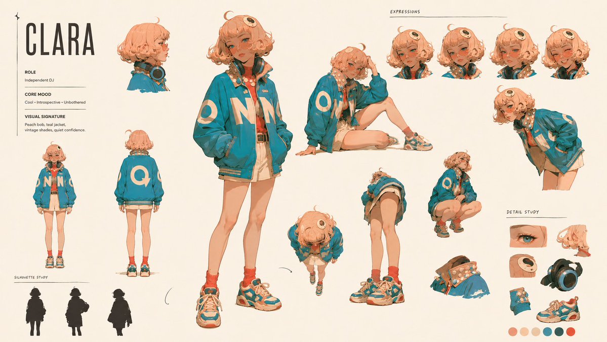Illustrated character sheet with multiple poses and views for a continuity review
