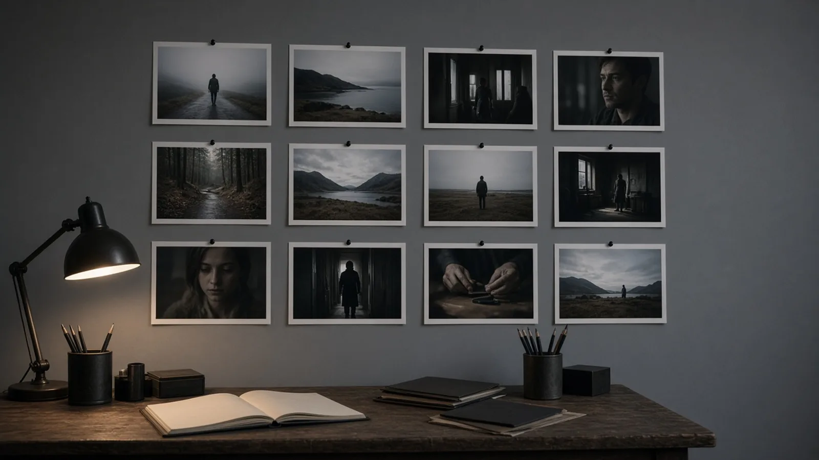 Overhead production desk with a cinematic coat, grease pencils, and printed stills