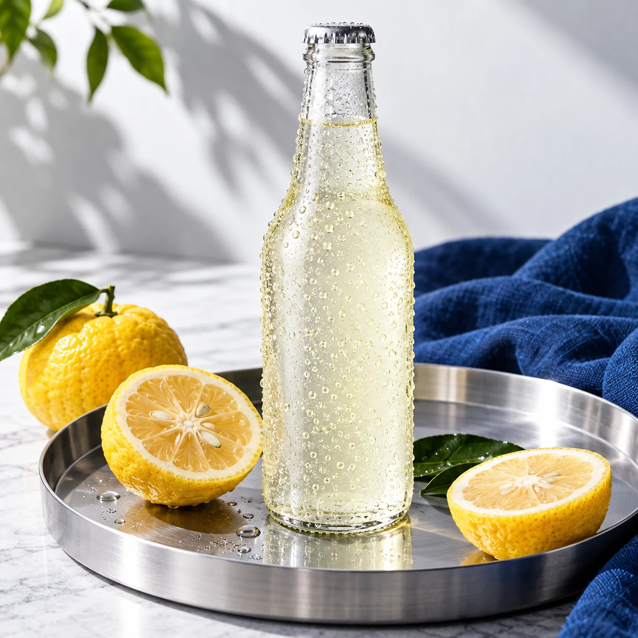 Chilled citrus drink on a steel tray with blue fabric