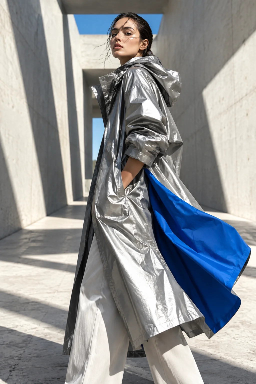 Silver fashion look in a concrete setting