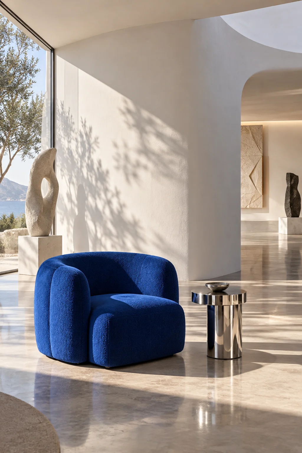 Cobalt chair in a sunlit curved gallery interior