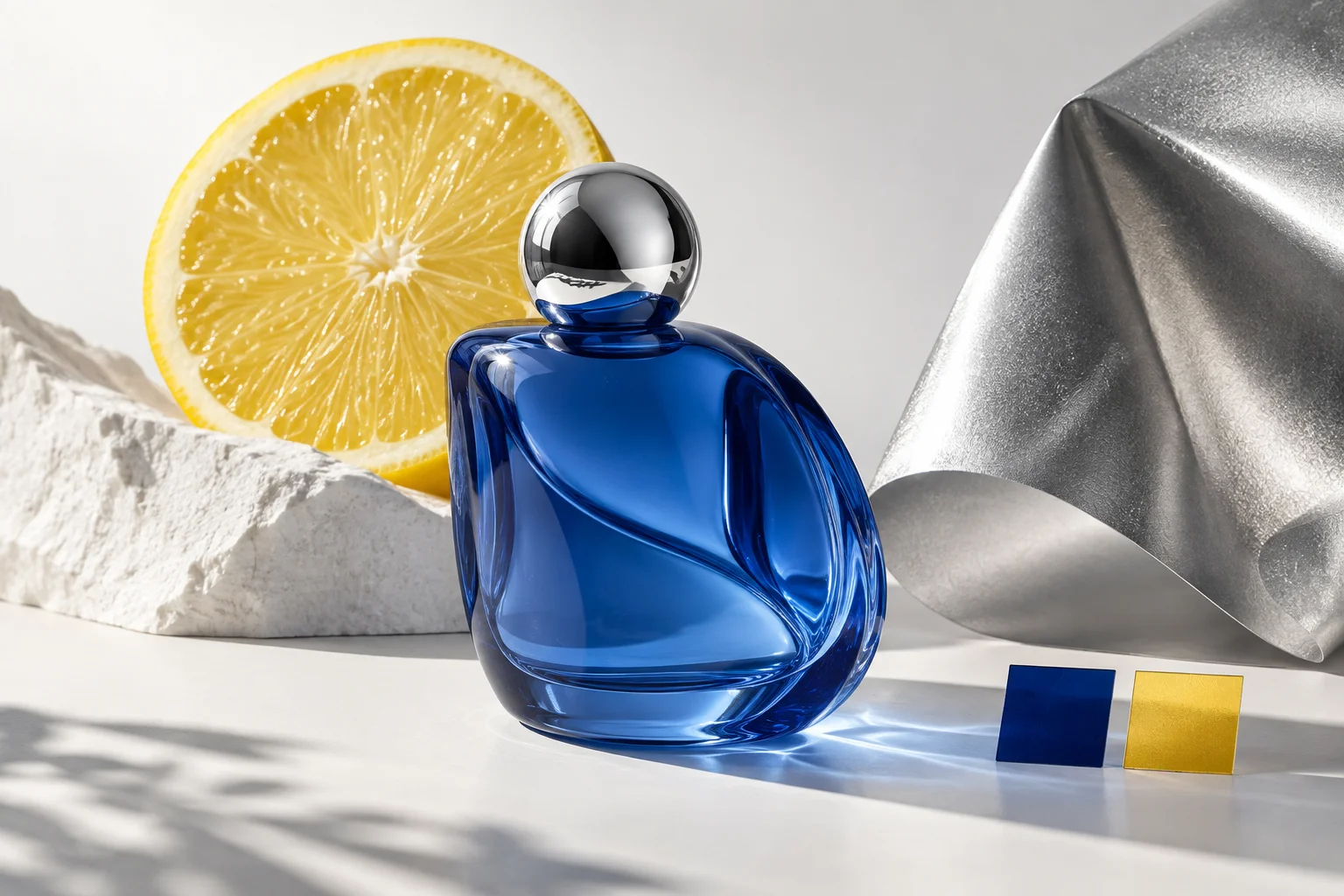 Cobalt glass product concept with citrus and silver materials
