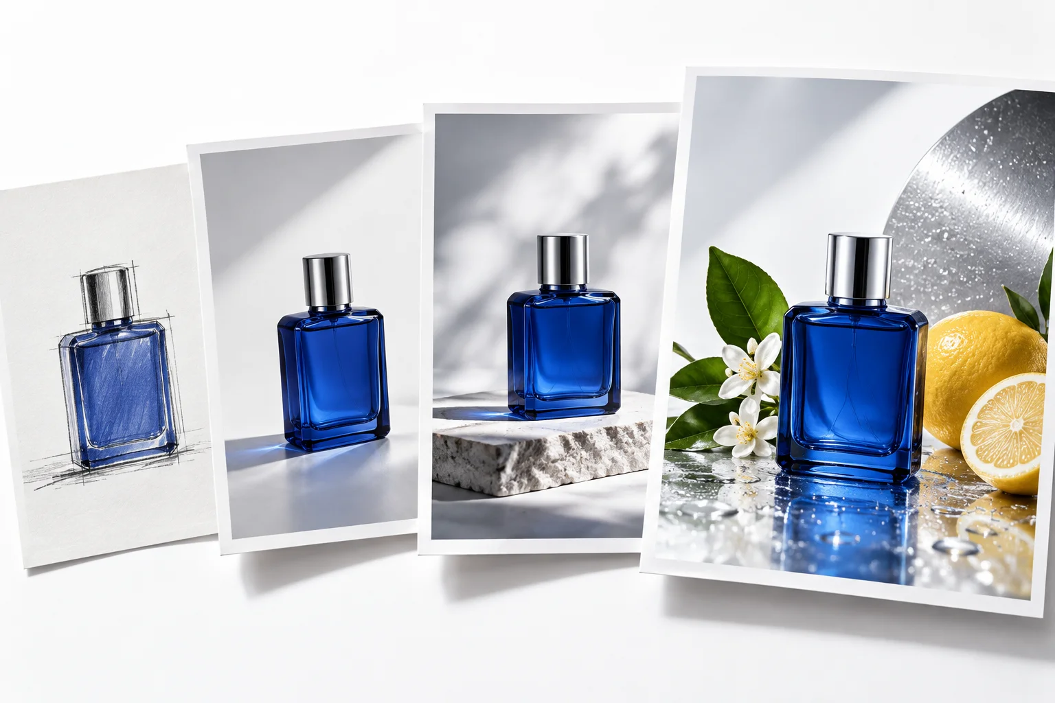 Four contact sheets show one cobalt bottle concept progressing from sketch to campaign image