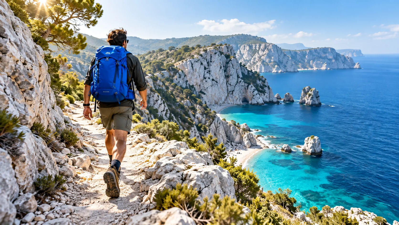 Hiker with a blue backpack on a sunlit limestone coast